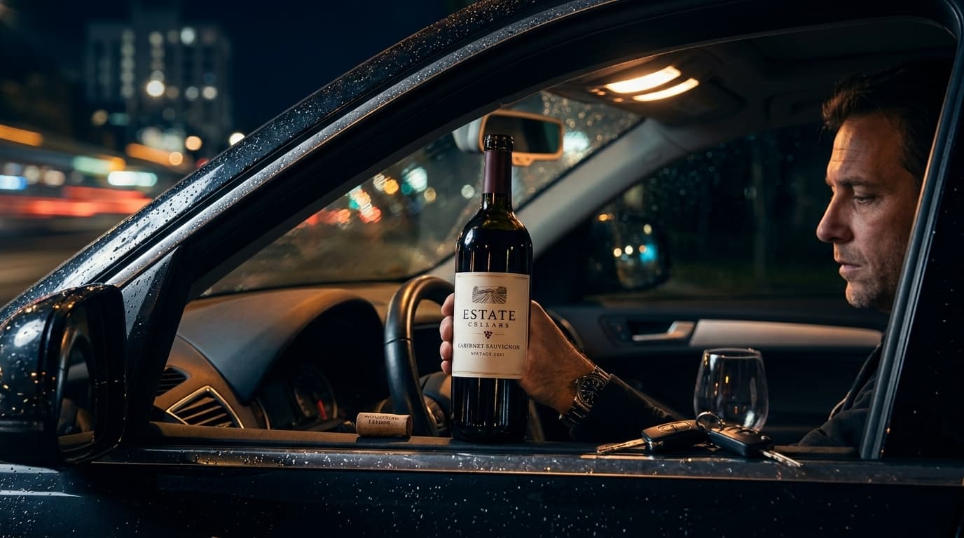 Evening reminder not to drink and drive — keys and wine glass by a car window at night