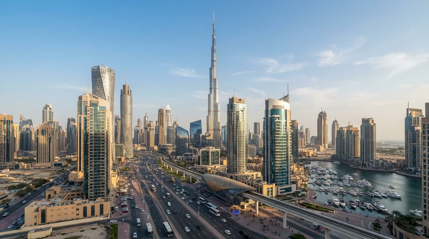 Dubai Marina skyline and Burj Khalifa — premium real estate districts