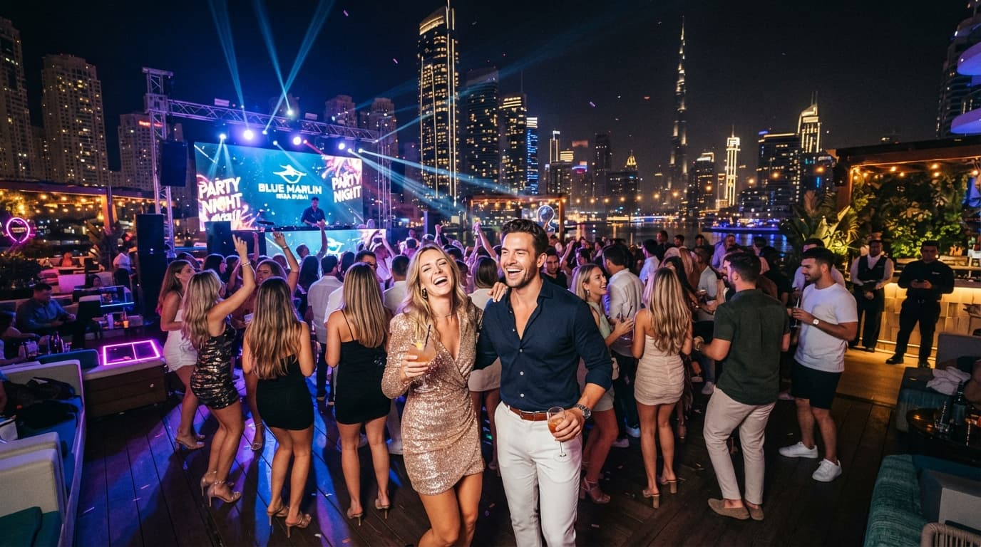 Guests at an outdoor Dubai nightlife event with Burj Khalifa lit behind