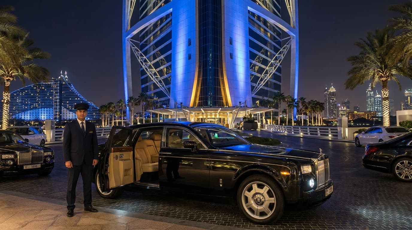 Xofeur chauffeur holding open the rear door of a black Rolls-Royce at night with Burj Al Arab illuminated behind