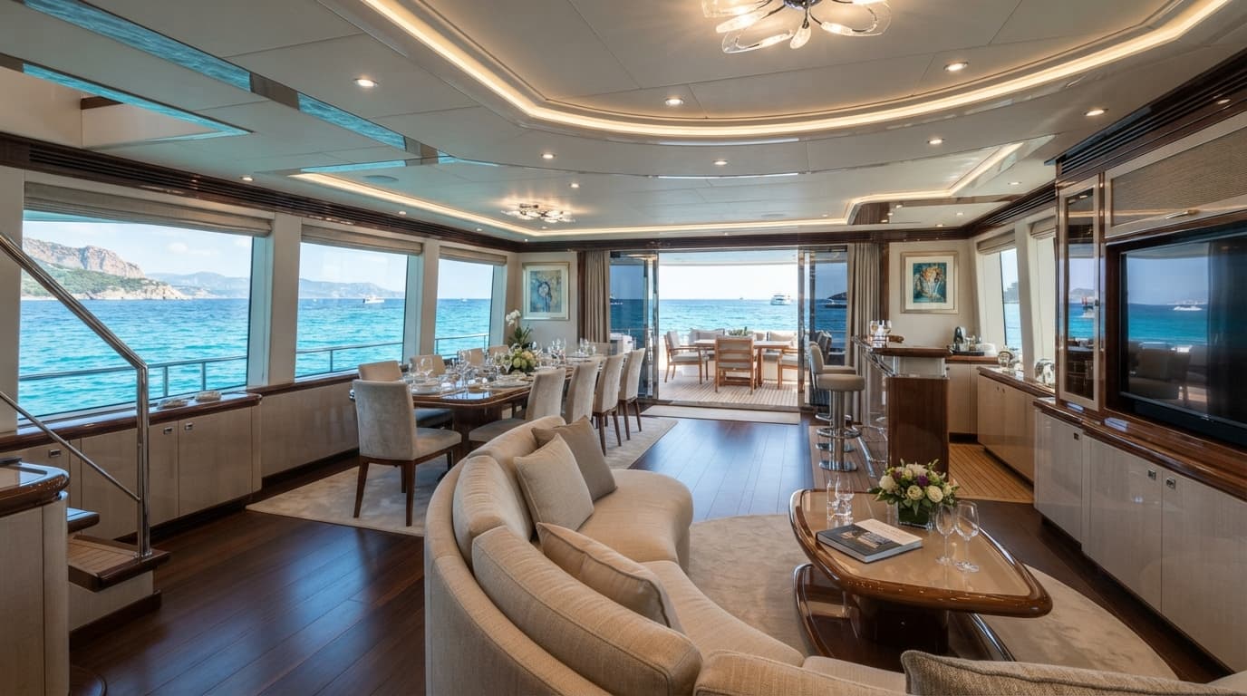 Luxury yacht salon interior with open deck overlooking turquoise water